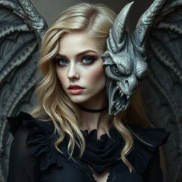 a blonde fantasy woman who is half human and half gargoyle, her face is partially made of stone, gothic, stylised