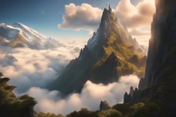 A steep massiv mountain with a needle thin tower on the top reaching the clouds. fantasy concept art, exquisite realism, a masterpiece, dynamic lighting, hyper detailed, intricately detailed, deep color, Unreal Engine, volumetric lighting , Epic cinematic brilliant stunning intricate meticulously detailed dramatic atmospheric maximal,