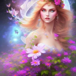 bright fairy, beautiful portrait, flowery landscape