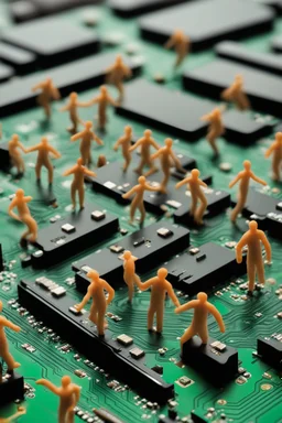 macro photo of a group of people dancing on a computer motherboard