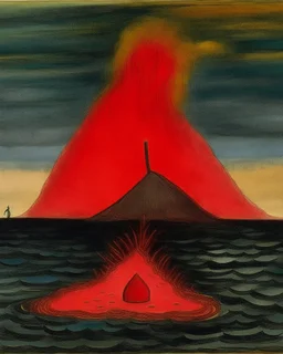 A red island with a spewing fire volcano painted by Paul Klee