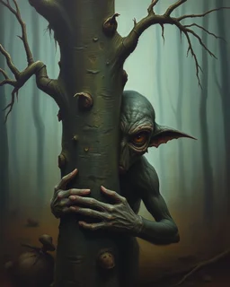 Bosch painting style, nightmare , a shy strange looking creature hiding behind a tree , showing half of his body and face from behind the tree