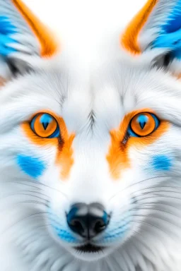un zorro blanco con colores naranja y celeste, que el ojo izquierdo del zorro sea celeste y el ojo derecho de color naranja, que el fondo también cuente con estos mismos colores