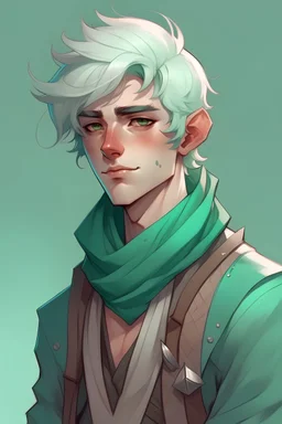 DND lean young male half-elf rogue peachy skin short curl seafoam green hair confident smirk