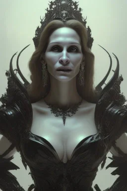 Julia Roberts as evil queen in black leather gown, evil, busty, cleavage, curvy, angry, stern look. character design by cory loftis, fenghua zhong, ryohei hase, ismail inceoglu and ruan jia. unreal engine 5, artistic lighting, highly detailed, photorealistic, fantasy