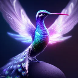 peacock, humming bird, fantasy art, Unreal Engine 5, lens macro,sharp focus, realistic, hyper detailed, studio lighting, neon light ambient, crystalized