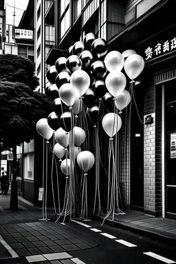 BLACK AND WHITE SMALL PARTY BALLOONS ON A TOKYO STREET IN THE STYLE OF HIROKU OGAI