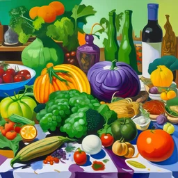 Chaotic Stilllife with many different vegetables, painting by David Hockney, pop art, very detailed, complicated shapes