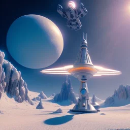 Spaceship landed on snowy mountain, sunny day. clear blue sky. gold. Elegant. Extremely detailed. Award winning photography. Fantasy. 8k. Cinematic lighting. Photorealistic. Dynamic lighting. Imperial colors. Crisp quality. Unreal Engine. Colourful cinematic postprocessing. Pixar. VRay.