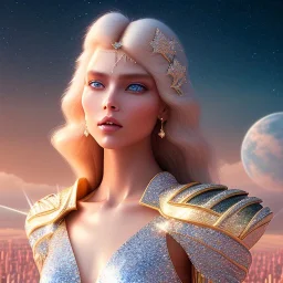  full body white woman glitter smiling long blond hair blue eyes in a galactic ambiance, delicate colors in the foreground, full of details, smooth, light effect，vaporwave colorful, smooth, extremely sharp detail, finely tuned detail, ultra high definition, 8 k, ultra sharp focus