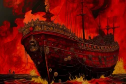 A dark red fiery volcano with a pirate ship painted by Gustav Klimt