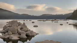 aerie made of rock reaching hundreds of feet into the sky, in a lake