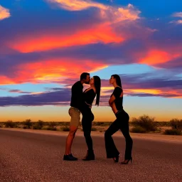 muscle car, man and woman kissing, desert road, sunset, full colour,