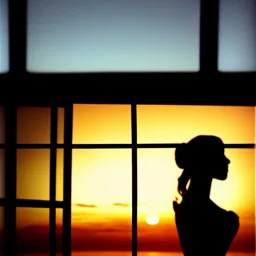 A silhouette of a sensual tender girl longing for a kiss, looking at the sunset from the window that creates her shadow.