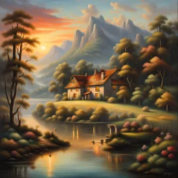 An exquisite oil painting capturing a dreamlike paradise, with a charming little farmhouse nestled by a calm lake. The farmhouse, with its rustic appeal, contrasts against the serene water, surrounded by a lush, verdant forest and rolling hills. The background unfolds into a dramatic landscape, featuring towering mountains and a stunning sunset sky that casts warm, vibrant hues across the scene. The artist's mastery is evident in the seamless blend of traditional oil painting techniques with the