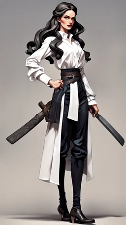 Full body character design, athletic Ukraine female with black wide legged and high waisted pants, white blouse, face made of white porcelain in a Greek sculpture style , long hair, holding a trench cleaver, flat leather pouch on belt, thick heeled shoes