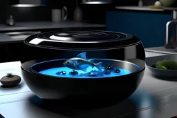a product that purifies the polluted fish, product design render on the table in the kitchen, some dead and lying fish that is vidible through the product's open lid, with a black touch display with some icons on the front side of the product, minimal design of white color, with a lid that opens forward, a fine blue uv light inside the product, photo realistic