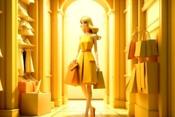 3D video game character elegant young woman enthusiastically and cheerfully comes out of a fashion store, on her arms several elegant branded paper bags, in the window clothes and shoes, S<AI in sunshine