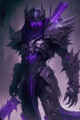 dark assassin with mech like armor with purple eyes with two blades in hand with the background of hell