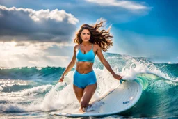 beautiful girl supper model, in nice body suit, with curvy hair,perfect face,perfect eyes,Surfing in huge wave,water with splash,seaside wavy sea ,blue sky nice clouds ,rocky shore