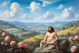 a handsome, fat man with a well-groomed, bearded face and long, curly hair. He is sitting naked on a rock, surrounded by a picturesque valley adorned with pink and yellow rose flowers. The spring sky above is adorned with breathtakingly beautiful clouds. like oil paintings 19th century