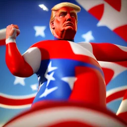 Realistic image of Donald trump super hero, retro style, watchmen style, red white blue colors, white stars, suspenders, latex material, 80s, vibrant color, highly detailed, sky background, concept art, unreal engine 5, god rays, ray tracing, RTX, lumen lighting, ultra detail, volumetric lighting, 3d, finely drawn, high definition, high resolution.