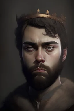 Portrait of a young king, looking grumpy, with short hair a beard, two dark brown eyes