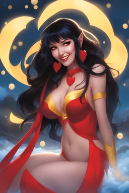 3D Bubbles, 3D Hearts, fog, clouds, somber, ghostly mountain peaks, a flowing river of electric water, fireflies, a close-up, facial portrait of a totally gorgeous Vampirella, with Long Black hair, cobalt blue eyes, smiling a big bright happy smile, wearing a red sling suit with a gold/yellow bat emblem on the lower stomach area, and black boots, professional quality digital photograph, the funeral of the dead