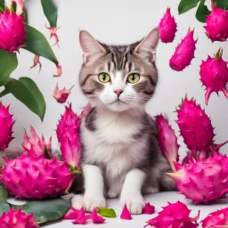 A cat surrounded by dragon fruits on a light background for removal