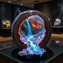 on a display table at a museum sits a spherical hollow geode cutaway, inside geode is a Double exposure gemstone cliff with a waterfall falling into a river made of melted sparkling sapphires that flows out of the geode onto the table, colorful, HD, crystal textures