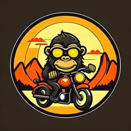 Monkey riding a mopped motorcycle with sunglasses and a big smile, have a mountain sunset on the background, make a round logo