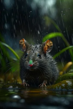 rat cat won the beauty contest through dark clouds, portrait in weird waterfall in moist swamp planet , photo-realistic, shot on Hasselblad h6d-400c, zeiss prime lens, bokeh like f/0.8, tilt-shift lens 8k, high detail, smooth render, down-light, unreal eng