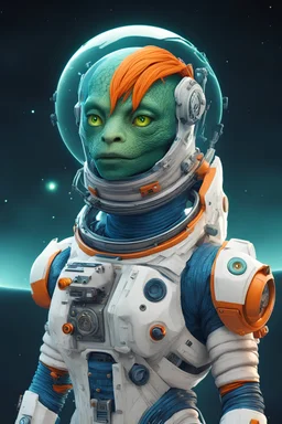 Astronauta reptil color azul, de ojos verdes, cabello anaranjado y con accesorios tecnológicos. Plano cuerpo entero. Universo de fondo