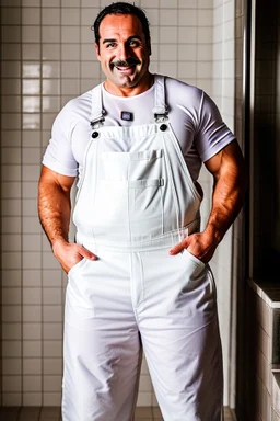 photography of a burly chubby italian plumber dressed with white overalls smiling under the shower 41 years old