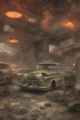 dieselpunk style, wide shot, ultradetailed photorealistic devastated dystopian futuristic postapocalyptic complicated abandoned mcdonalds restaurant with huge logo neon, some blood on glass door, intricate detailes, surrounded by postapocalyptic abandoned devastated city, narrow street, octane render, 4d cinematic, 8k