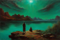 turquoise sky, lake, sci-fi, mountains, galactic cosmic influence, friedrich eckenfelder and hans am ende impressionism paintings