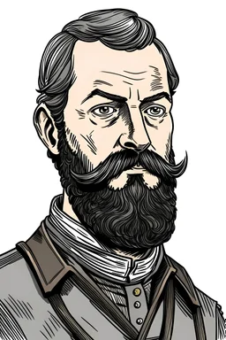 man with mutton chops beard with a grey tunic in the style of a comic