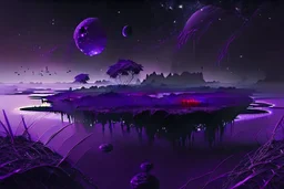 Floating Islands, Dark Purple and Black Night Sky, Stars, Space, Distant Alien Planets, Numerious Islands, Dead Grass, Dense Purple Fog