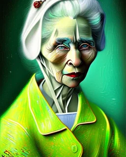 Portrait of an old woman with green eyes and white hair in the style of van gogh