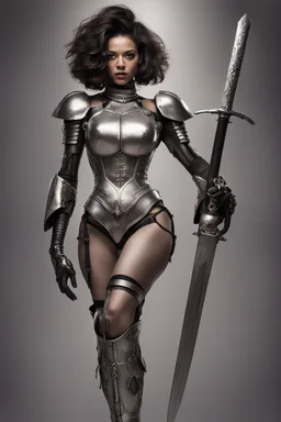 full body picture of a skinny woman with a bob, in futuristic silver armour, holding a curved sword, steampunk background