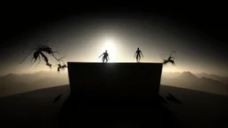 Un doble autorretrato emerge de cajones corporales abiertos mientras una sombra revela una figura distinta; hormigas ascienden por una superficie pulida. El horizonte bajo y el cielo inmenso generan una perspectiva profunda donde la luz dura acentúa la metamorfosis entre cuerpo y paisaje, evocando ciencia y misticismo entrelazados.