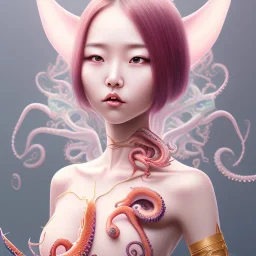  Asian woman, leaning pose, slobber octopus , pink short hair, latex suit, full body, squid, intricate detail , portrait, high lighting, Gradient background,nice end of darkness Dark Woman Little Horns Little Horns Sad Eyes dual soul fire girl soul fire cute realistic hell Dark Realistic Cute