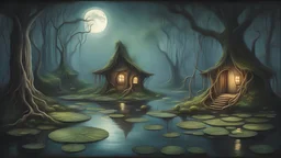 tangled roots and lush foliage creating an enchanting environment. lily pads, witch huts nestled among twisted trees during full moons add to the mystical allure of the scene. Utilize a soft focus to evoke the swamp's serene yet eerie ambiance, with subtle hints of moonlight filtering through the canopy above. Acrylic painting, concept art, murky atmosphere, soft focus, moonlit scene, by Greg Rutkowski, Wayne Barlowe, and Artgerm