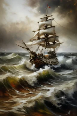 in style of Mark Lague, beautiful details, a Western galleon in the wind and waves