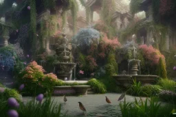 beautiful hyperrealistic secret flower garden in the middle of temple ruins, water fountain, birds flying, highly detailed, digital painting, trending artstation, concept art, illustration, cinematic lighting, vibrant colors, photorealism, epic, octane render