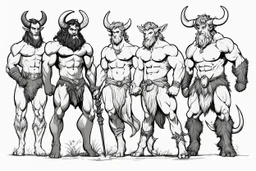 a creative line of creatures on the same specie: faun, satyr, centaur, minotaur from left to right. Standing for the purpose of a movie