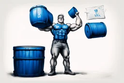 a very swedish strongman, big muscles and short light hair, pair of glasses, holding one big blue barrel above his head, a drawing with sketch lead pencil, The word BAXER floating