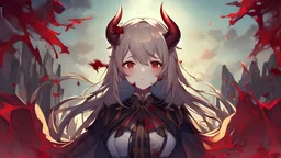 Anime girl with little horns in fall style and blood river from the sky