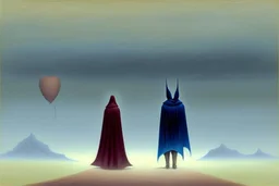 two people in capes and hoods seen from behind walking side by side in an empty foggy plain, above there is blue sky by artist "Leonora Carrington",by artist "Christian Schloe",by artist "Kay Sage"