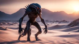 alien predator in the desert , sunset,snow